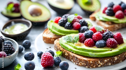 Close-up of a nutritious breakfast spread featuring whole grain toast, avocado, and a side of mixed berries, emphasizing healthy food choices for a balanced diet