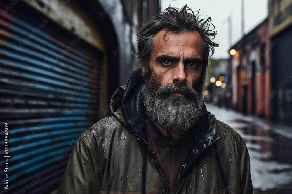 Portrait of a handsome bearded man with a long gray beard and mustache in a raincoat in the city Portrait of a handsome bearded man with a long gray beard and mustache in a raincoat in the city