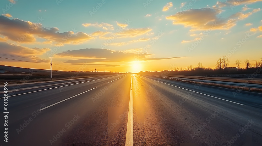 sunset background highway, long road stretches into the distance. empty street on a beautiful afternoon