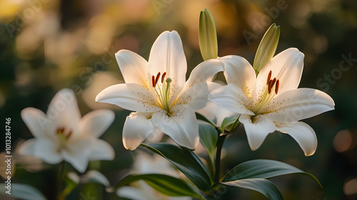 Beautiful white lily flowers in serene garden setting