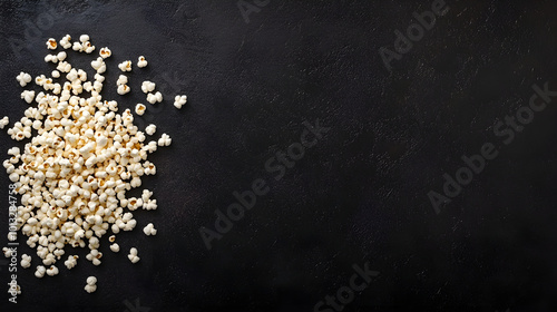 Crispy popcorn kernels scattered on dark background create delightful contrast