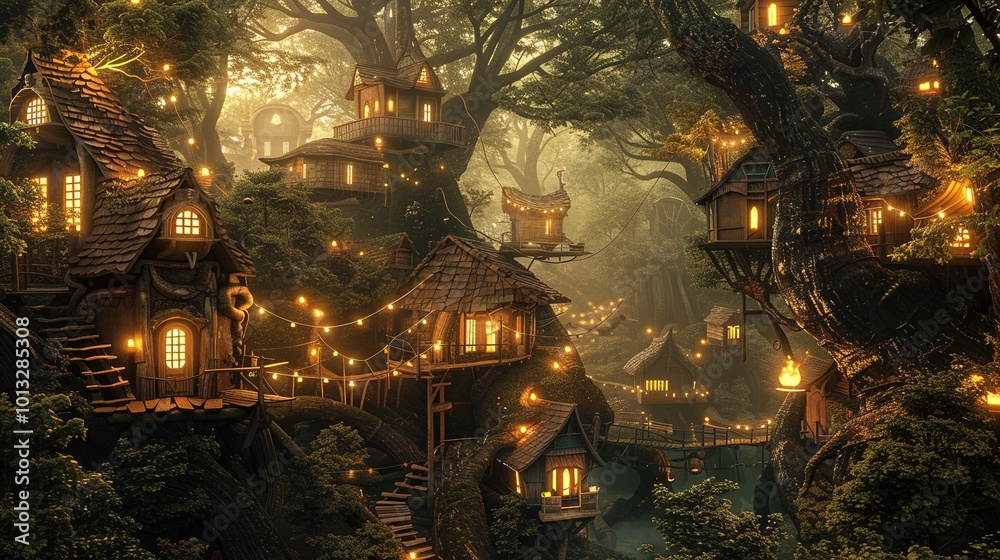 Hidden Elven City in an Ancient Forest with Magical Treehouses and Glowing Lights Hidden Elven City in an Ancient Forest with Magical Treehouses and Glowing Lights