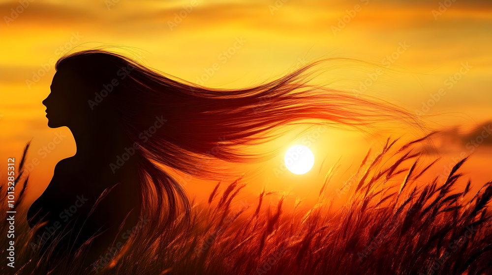 Silhouette of woman with flowing hair at sunset in field Silhouette of woman with flowing hair at sunset in field