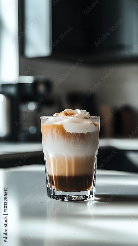A tall glass of iced coffee with layers of cream over dark espresso, set against a minimalist kitchen backdrop, emphasizing simplicity and elegance A tall glass of iced coffee with layers of cream over dark espresso, set against a minimalist kitchen backdrop, emphasizing simplicity and elegance