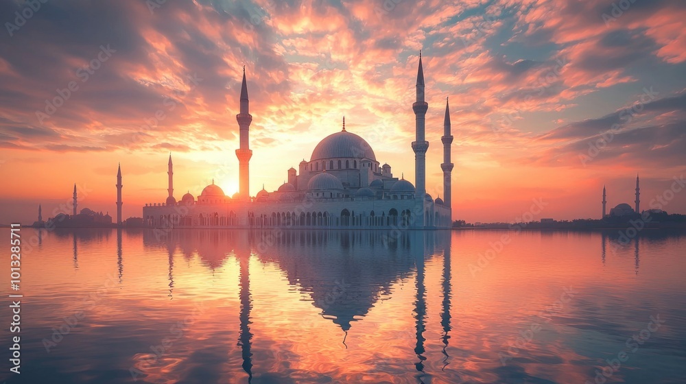 Naklejka premium Majestic mosque silhouette at sunset over tranquil waters