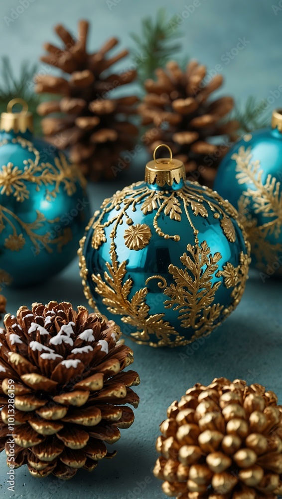 Teal and gold ornaments with pine cones on a light blue backdrop. Teal and gold ornaments with pine cones on a light blue backdrop.