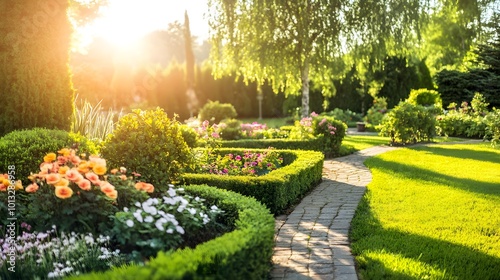 Fototapeta Naklejka Na Ścianę i Meble -  Lush green garden with colorful flower beds and neatly trimmed hedges, sunlight casting soft shadows across the pathway
