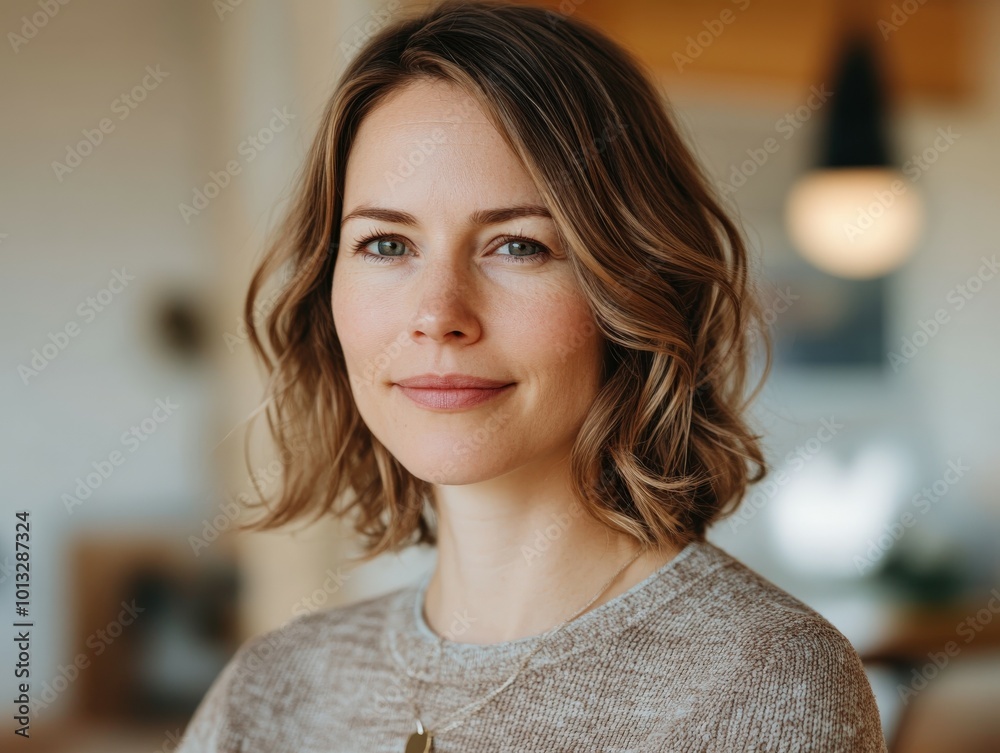 Woman with wavy hair smiling warmly in a cozy indoor setting Woman with wavy hair smiling warmly in a cozy indoor setting