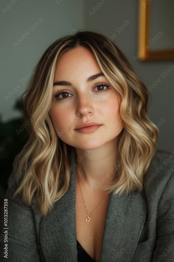 A young woman poses confidently indoors with soft lighting A young woman poses confidently indoors with soft lighting