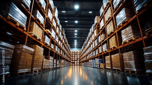 High shelves stacked with pallets of inventory, rows stretching into the distance in a brightly lit warehouse, industrial lighting casting subtle shadows,