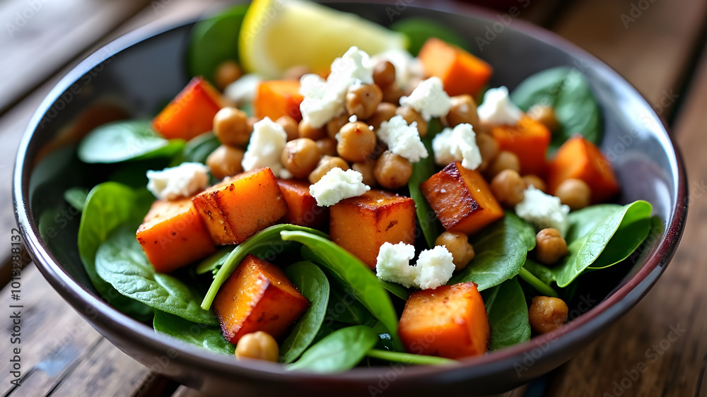 A Beautifully Plated Kale And Spinach Salad With Roasted Chickpeas, Sweet Potato Cubes, And A Sprinkle Of Feta Cheese, Food Menu Style Photo Image, Served With A Lemon Wedge, Food Photography A Beautifully Plated Kale And Spinach Salad With Roasted Chickpeas, Sweet Potato Cubes, And A Sprinkle Of Feta Cheese, Food Menu Style Photo Image, Served With A Lemon Wedge, Food Photography