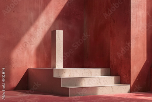 Red wall with stairs and red floor, creating a vibrant and unified visual impact.