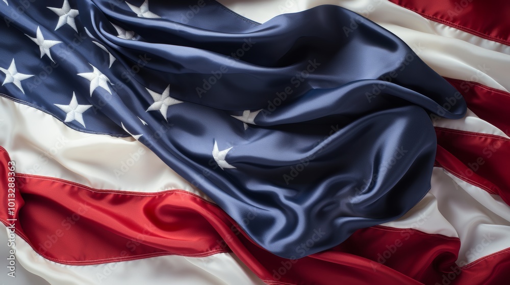 Closeup of american flag featuring stars and stripes with cross hanging in bottom corner Closeup of american flag featuring stars and stripes with cross hanging in bottom corner