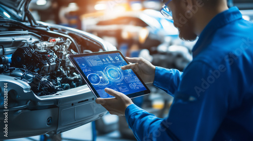 Using an Augmented Reality Diagnostics Software on a tablet computer, a technician inspects the engine bay to find broken components...