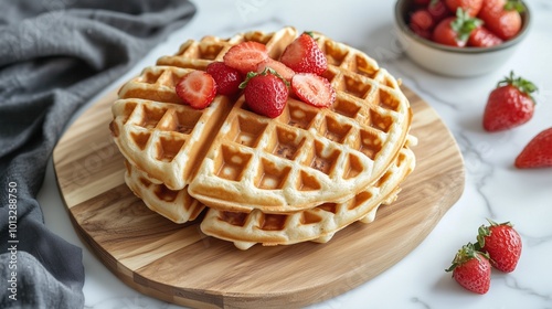 Gluten free flour ingredient waffle crunchy breakfast cake on wooden board
