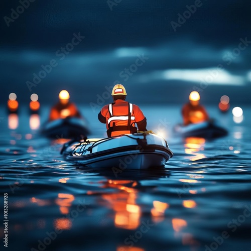 Rescue workers in floodboats, nighttime operation, 3D illustration photo