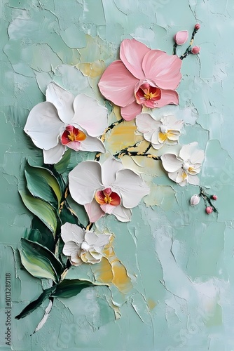 A vibrant oil painting of white and pink orchids against a textured turquoise background.