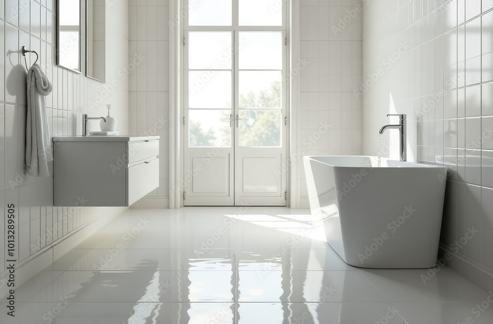 There is a plumbing leak in a large bright bathroom, water is pouring from the tap into the bathtub, the floor is flooded There is a plumbing leak in a large bright bathroom, water is pouring from the tap into the bathtub, the floor is flooded