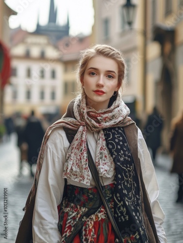 Woman on Cobblestone Street