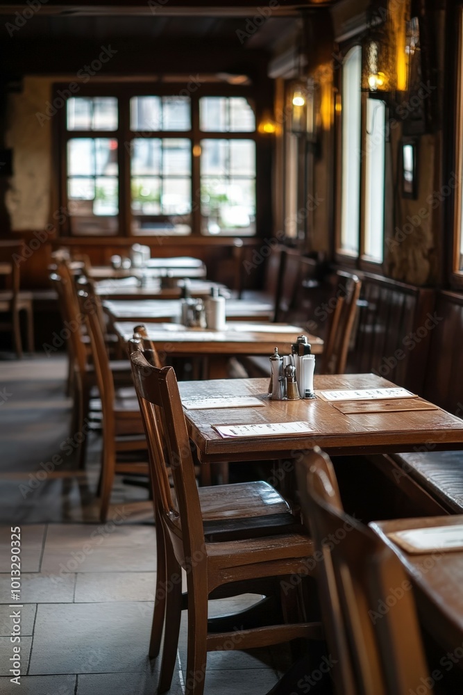 Cozy empty restaurant interior with wooden tables and chairs at dusk Cozy empty restaurant interior with wooden tables and chairs at dusk