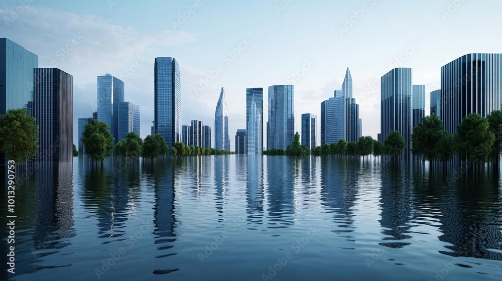 Urban landscape submerged, flood disaster recovery, 3D illustration Urban landscape submerged, flood disaster recovery, 3D illustration