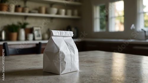 Set of white takeout bags on a kitchen table.