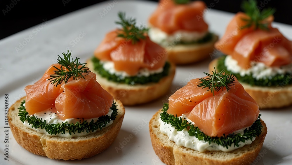 Several smoked salmon canapés as appetizers. Several smoked salmon canapés as appetizers.