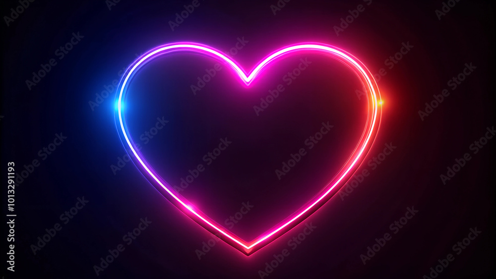 Neon heart shape frame on black background, shiny and glowing