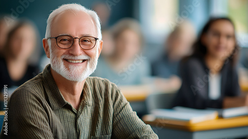 adult education mature senior man student sitting in classroom smiling enjoying class concept of elderly education studying.