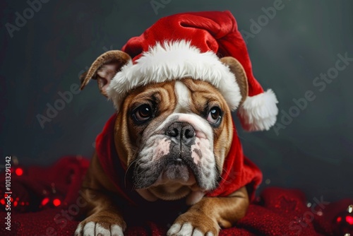 Bulldog puppy wearing Santa hat and red coat with holiday decorations. Christmas holiday theme. Design for greeting card, poster, holiday banner. Studio photography. Generative AI