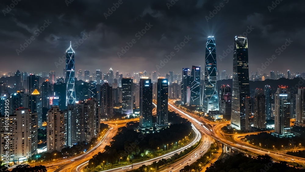 Shenzhen's cityscape transitions from day to night with bustling traffic. Shenzhen's cityscape transitions from day to night with bustling traffic.