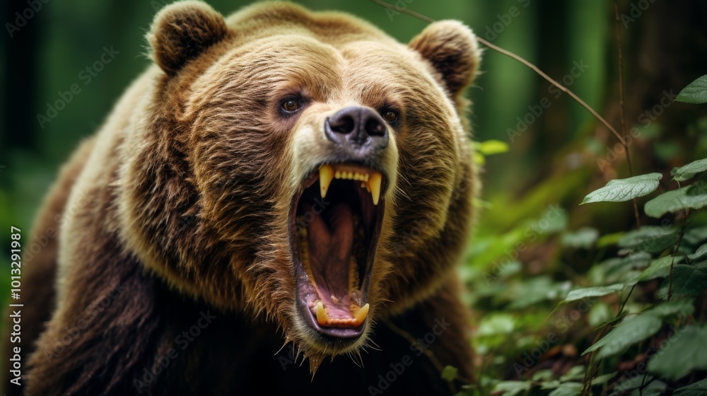 Fototapeta premium A powerful brown bear roaring fiercely at the camera, showcasing its wild and majestic spirit.