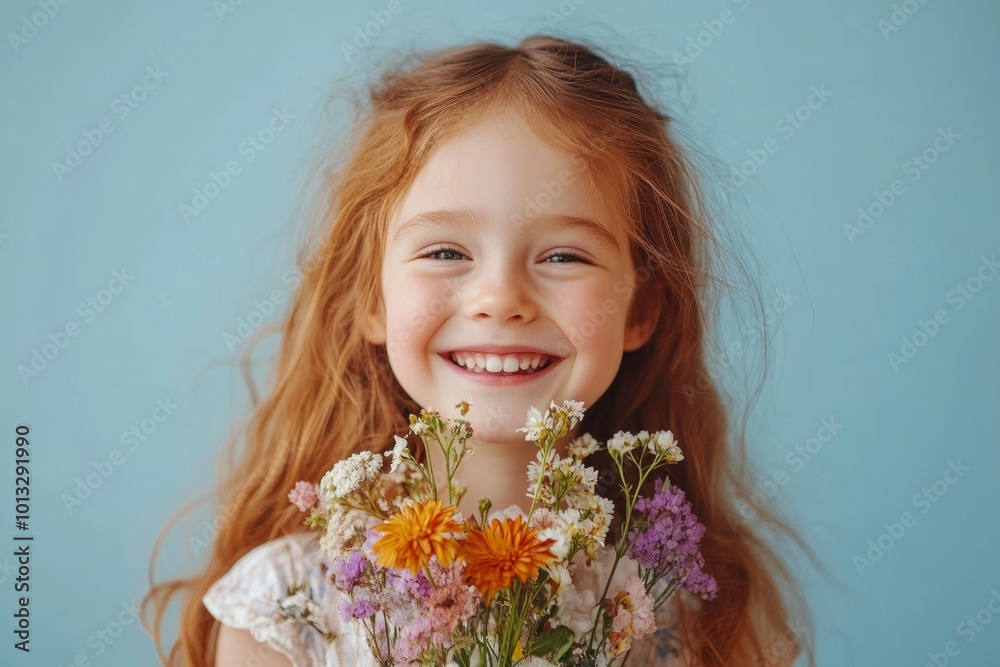 Redhead little girl holding a bouquet of flowers is smiling at the camera Redhead little girl holding a bouquet of flowers is smiling at the camera
