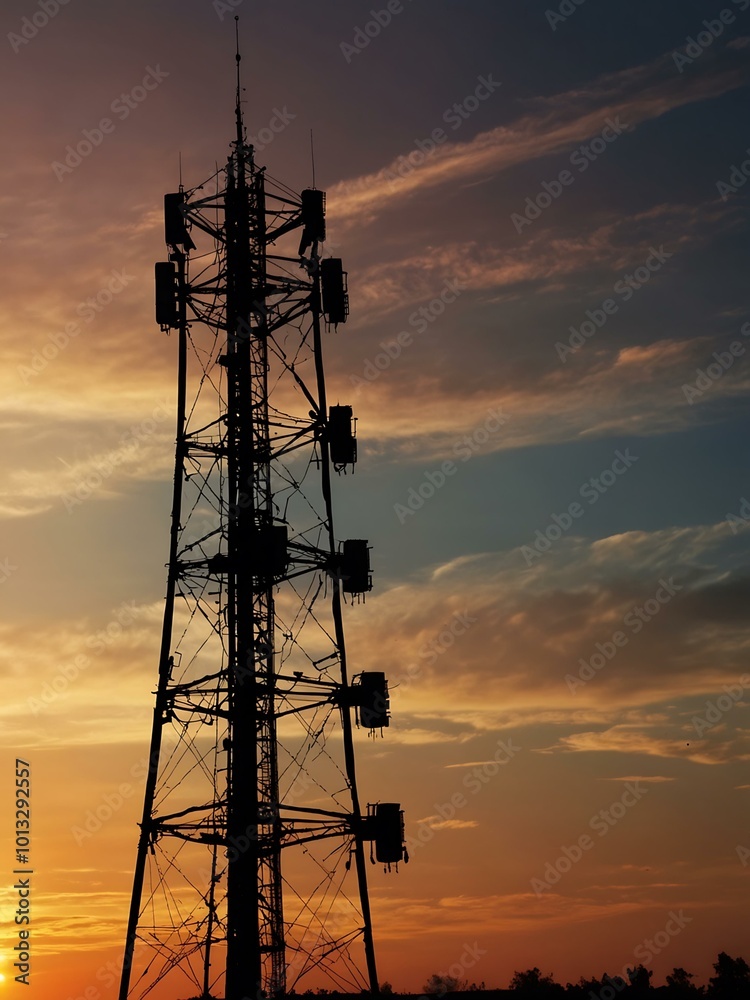 Silhouette of a mobile tower against a sunset sky.