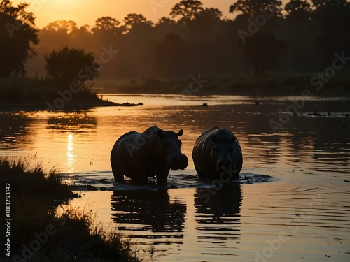 Silhouette of hippos at dawn. photo