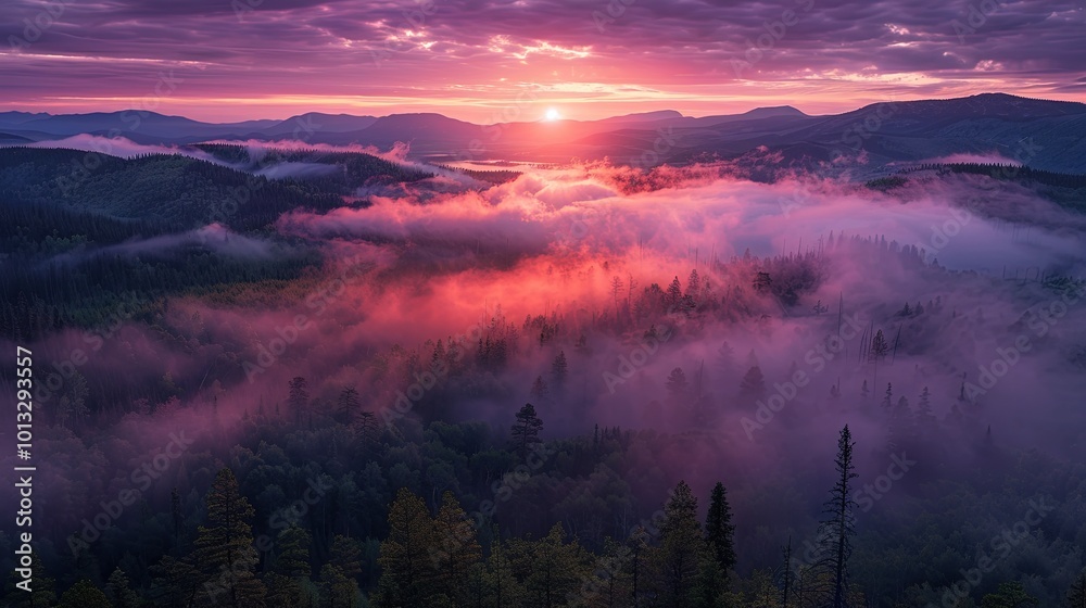 Sunset Behind Mountains with Clouds Above Forest Sunset Behind Mountains with Clouds Above Forest