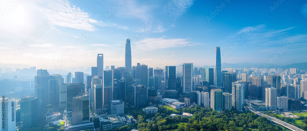 Fototapeta premium Aerial View of City Skyline with Skyscrapers and Buildings