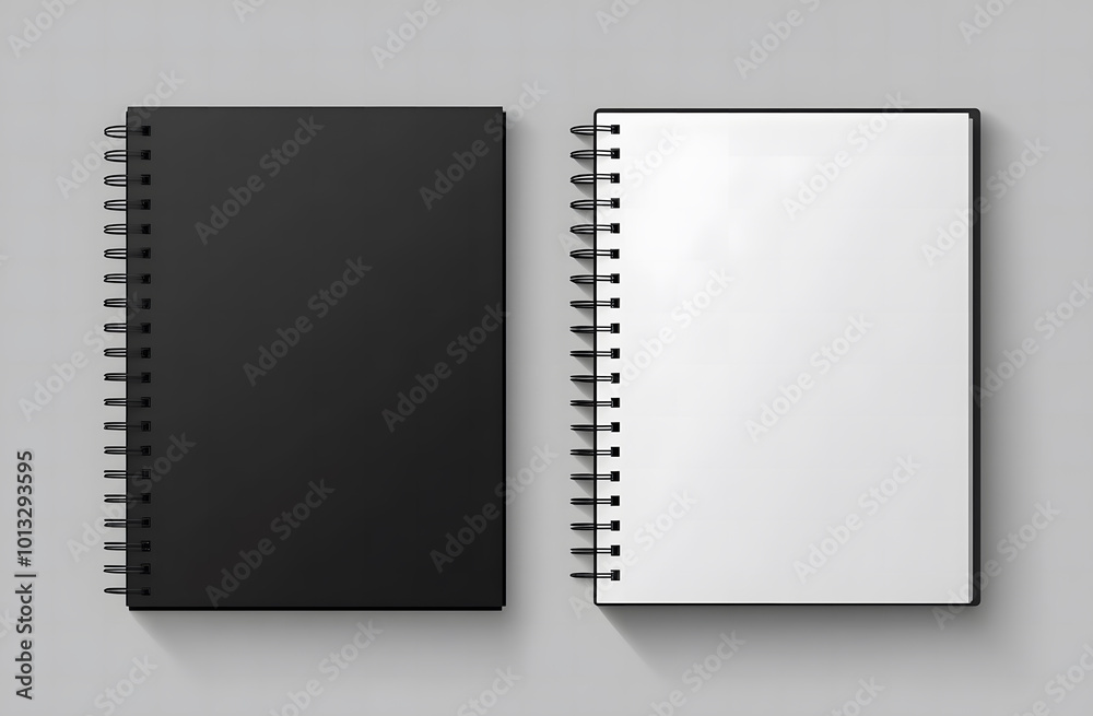 3D vector realistic mockup of two spiral notebooks with white and black paper design, front view, flat lay isolated on a grey background design. A mock-up template for design presentation, 3D vector realistic mockup of two spiral notebooks with white and black paper design, front view, flat lay isolated on a grey background design. A mock-up template for design presentation,