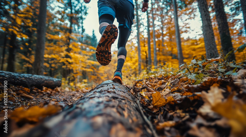 Trail runner in autumn forest leaping over a log
