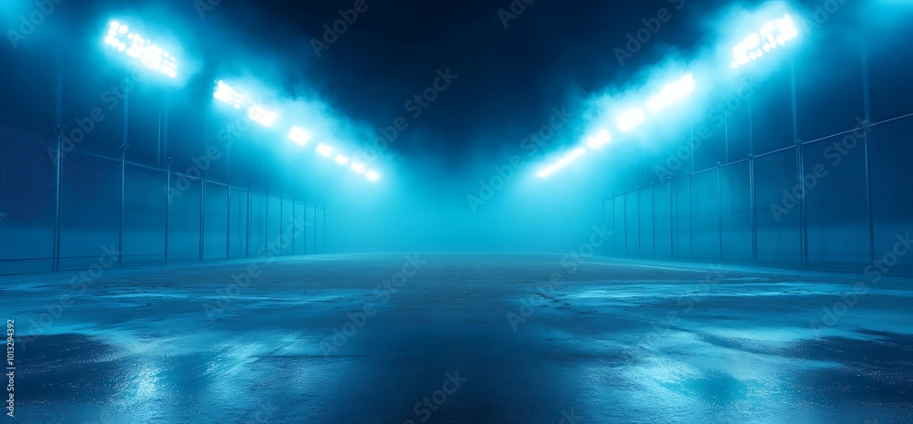 Empty urban road at night with blue neon light and fog. Empty urban road at night with blue neon light and fog.