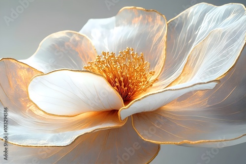 Close-up of a delicate white flower with golden accents, showcasing intricate details and a soft, ethereal beauty.