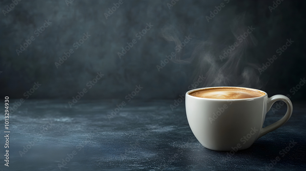 Steaming cup of coffee on dark background creates cozy atmosphere