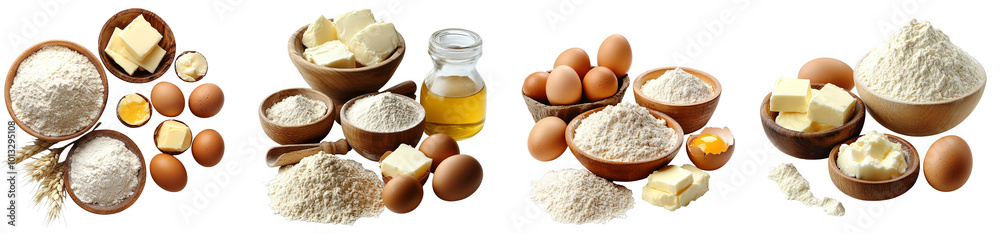 Flour eggs butter and oil composition for baking recipes transparent background Flour eggs butter and oil composition for baking recipes transparent background