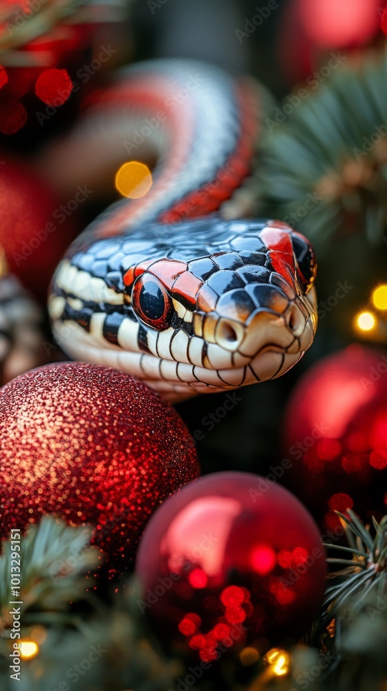 Red snake slithering through a christmas tree with ornaments and lights. Symbol of the new year 2025