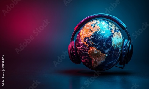 Globe adorned with headphones, symbolizing global music connection and universal enjoyment of melodies, Generative AI photo