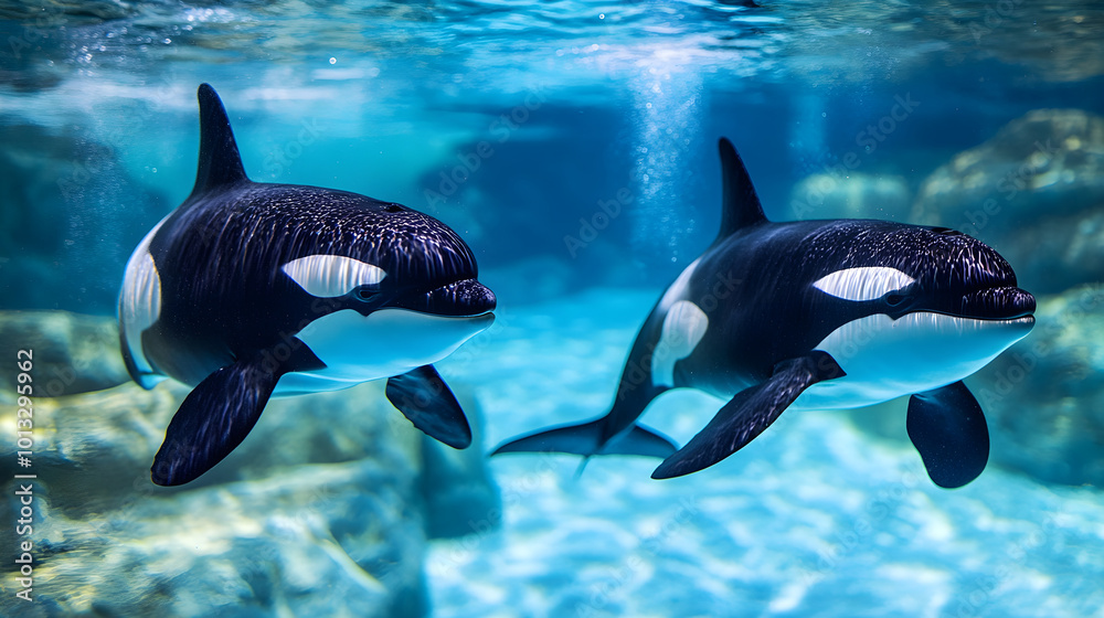 Obraz premium Two orcas swimming underwater in vibrant blue ocean, showcasing their grace and beauty