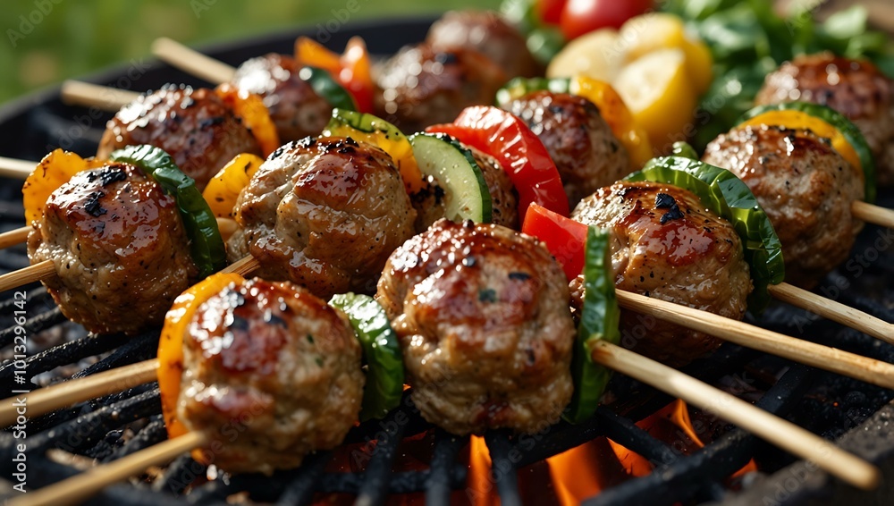 Skewers of seasoned meatballs and fresh veggies sizzling on a barbecue, representing healthy outdoor cooking. Skewers of seasoned meatballs and fresh veggies sizzling on a barbecue, representing healthy outdoor cooking.