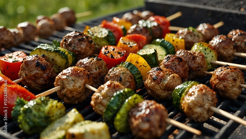 Skewers of seasoned meatballs and veggies grill, highlighting healthy outdoor cooking and shared meals. Skewers of seasoned meatballs and veggies grill, highlighting healthy outdoor cooking and shared meals.