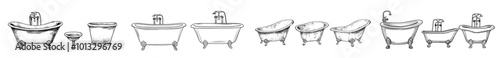 Various angles and styles of a hand-drawn bathtub. Simple doodle sketch style. Modern illustration.