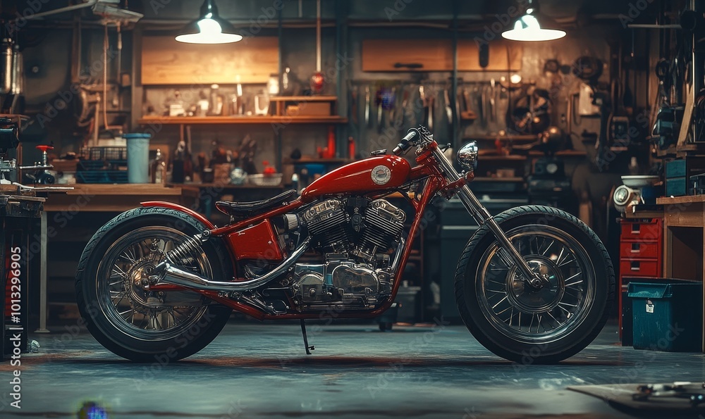 Custom Bobber Motorbike Standing in an Authentic Creative Workshop. Vintage Style Motorcycle Under Warm Lamp Light in a Garage Custom Bobber Motorbike Standing in an Authentic Creative Workshop. Vintage Style Motorcycle Under Warm Lamp Light in a Garage